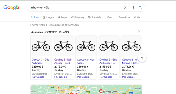 Annonces vélos Google shopping