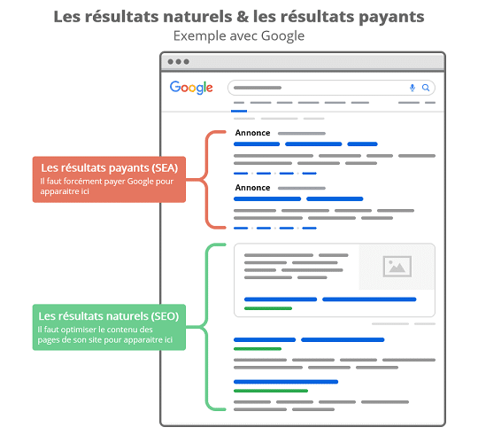 schéma de résultats de recherche SEO et SEM dans les pages