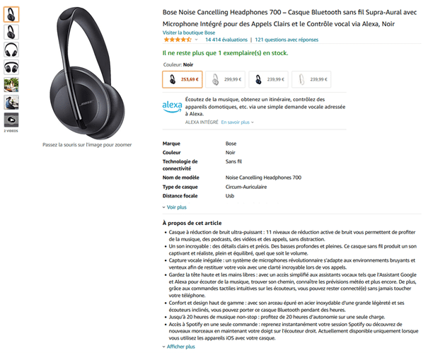 fiche produit Amazon Headphones de la marque Bose